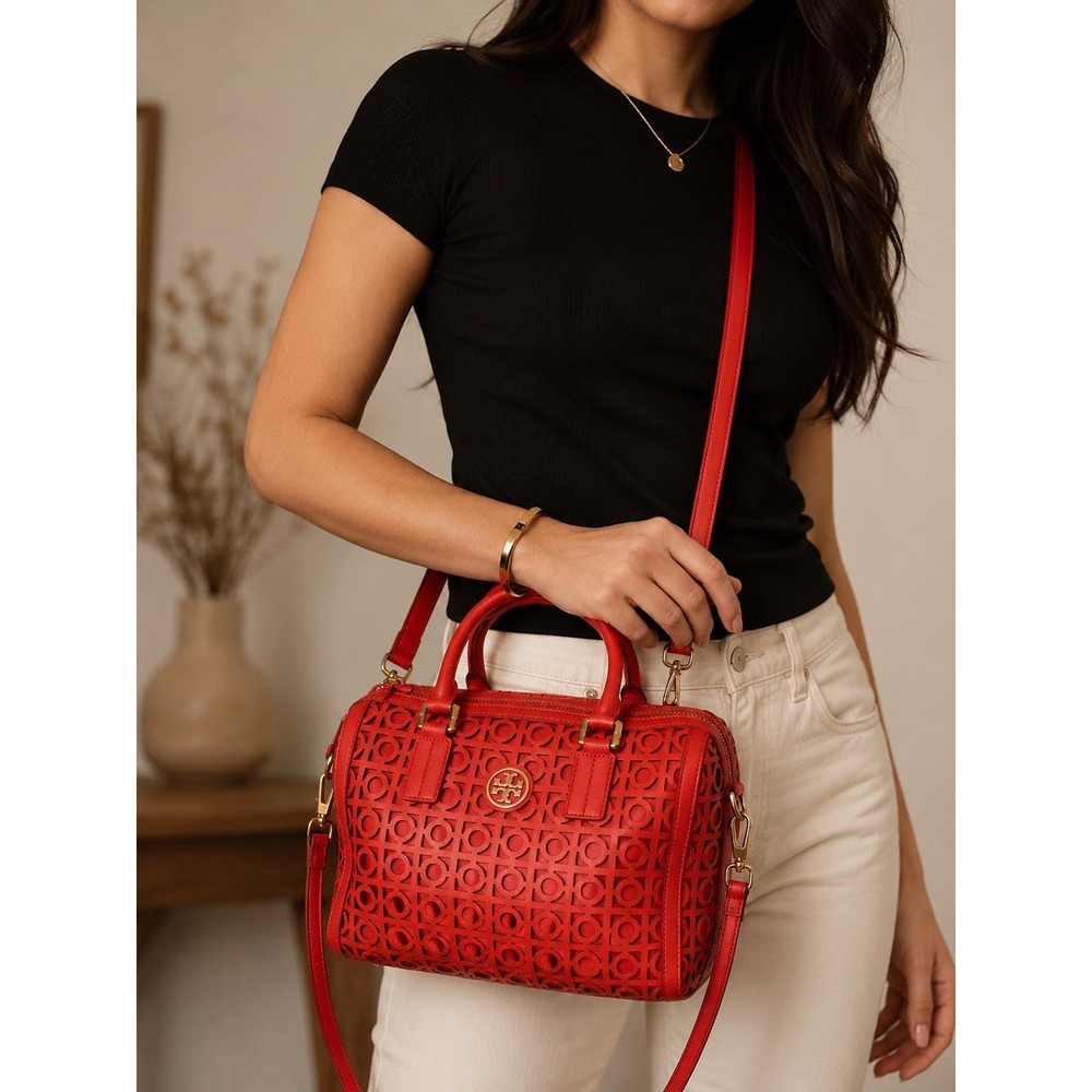 Tory Burch‎ Satchel Women's Size Medium Red Good Laser Cut Kelsey Middy